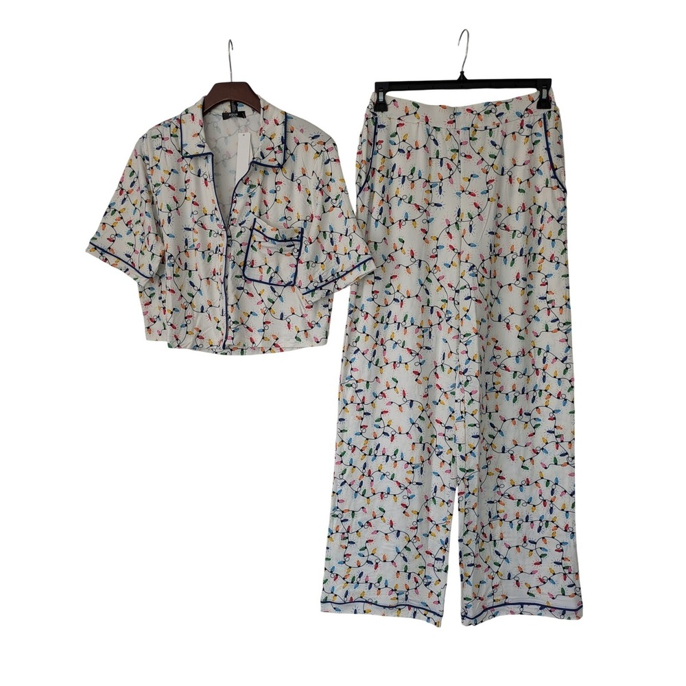 Aqua Boxy Shirt & Wide Leg Pajama Set Womens‎ Medium Cream Holiday Lights NWT